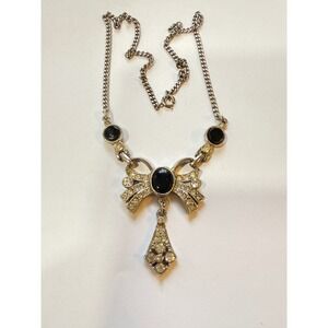 Vintage Bow Rhinestone Black Onyx Necklace‎ Statement Choker